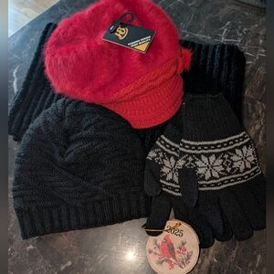 Winter Accessories Bundle – NWT Gloves & Red Fuzzy Hat + Knit Scarf & Beanie